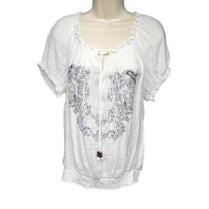 Womens Embroidered Blouse White Cinched Waist Size Extra Large u